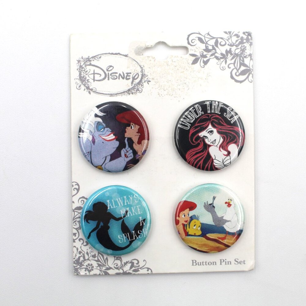Disney Ariel The Little Mermaid 4 Pin Back Button Pin Set Ursula Flounder NEW
